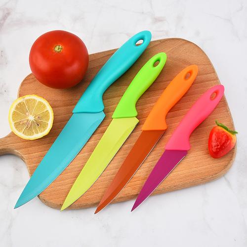 彩色喷漆厨刀四件套塑料手柄厨师刀万用刀水果刀吸卡包装工厂定制